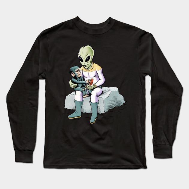 Alien teaches Chimp friend Long Sleeve T-Shirt by awcomix